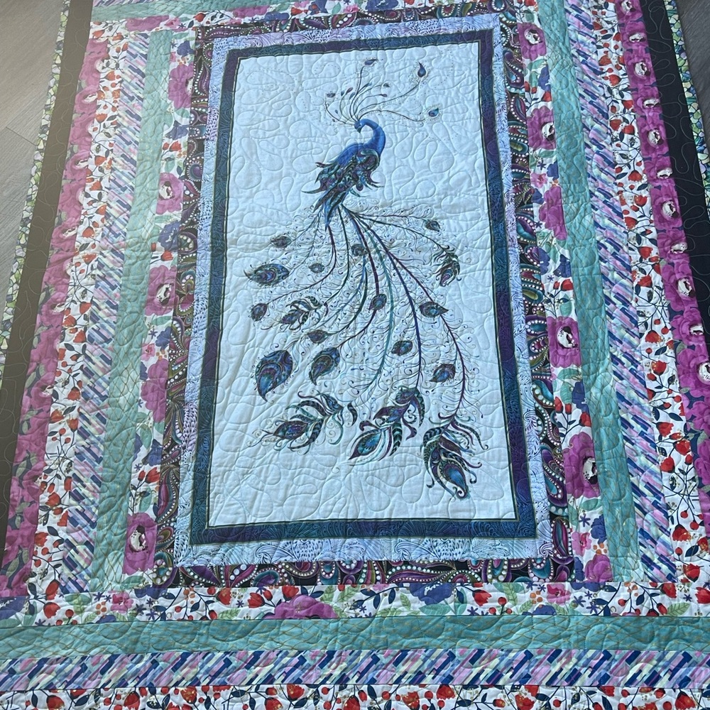 Beautiful Peacock panel quilt. Handmade. Machine quilted. 45”x60”.